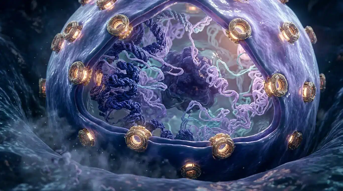 Sphère translucide violette avec cristaux dorés et formations minérales