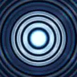 Cercles concentriques bleus spiralant vers point lumineux blanc