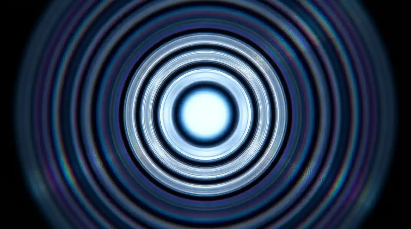 Cercles concentriques bleus spiralant vers point lumineux blanc