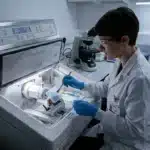 Scientifique manipule échantillons dans analyseur médical Leica
