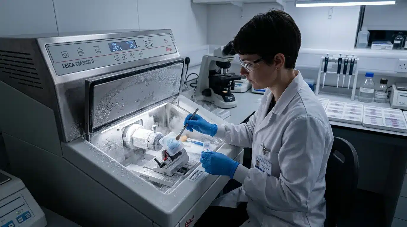 Scientifique manipule échantillons dans analyseur médical Leica