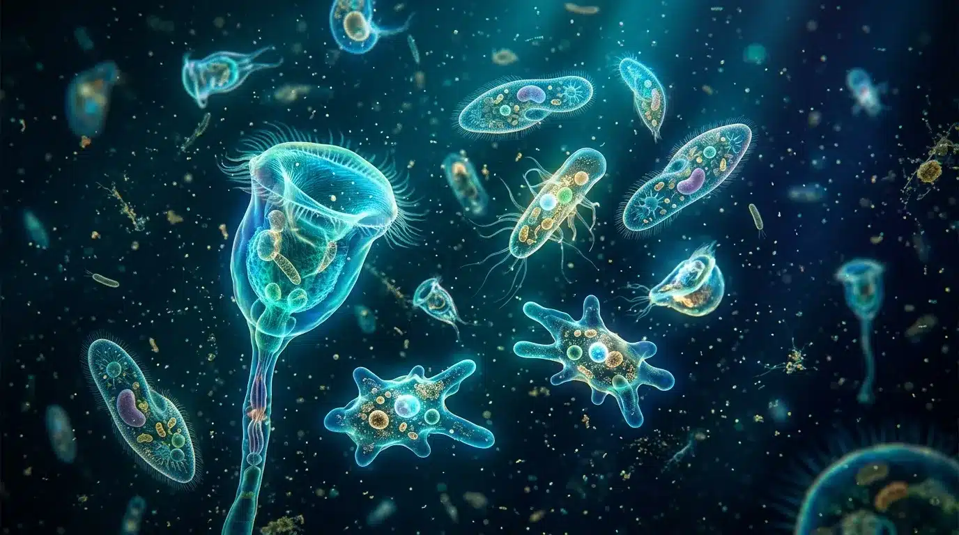 Microorganismes bioluminescents flottant dans un milieu aquatique bleu
